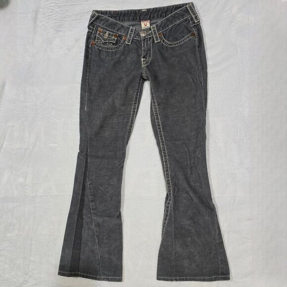 True Religion ✦ Gray Corduroy Flare Jeans ✦ Joey Big T Flare w/ Signature Stitch - Picture 3 of 13